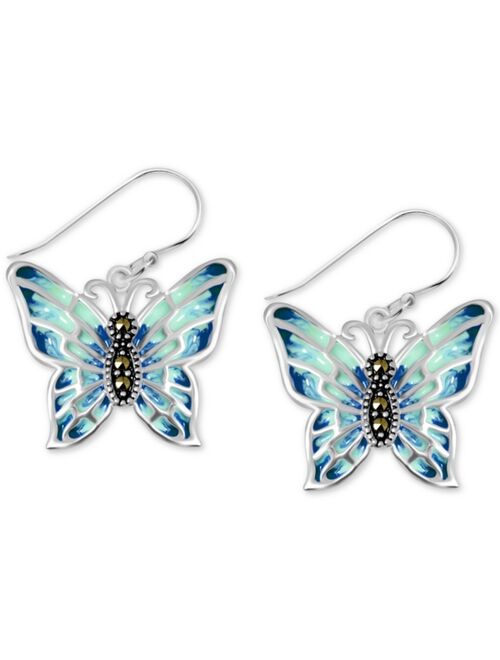 Macy's Genuine Marcasite & Multicolor Crystal Butterfly Drop Earrings in Silver-Plate
