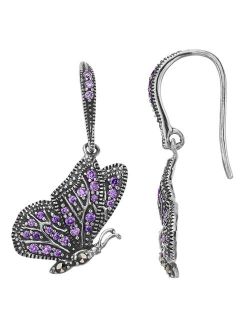 Sterling Silver Purple Cubic Zirconia & Marcasite Butterfly Earrings