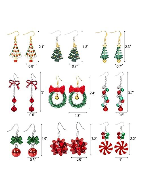 Joysy 9 Pairs Christmas Earrings Dangle for Women, Christmas Tree Bow Jingle Bell Candy Earrings, Xmas Holiday Earrings Jewelry, Xmas Earrings Gift for Girls