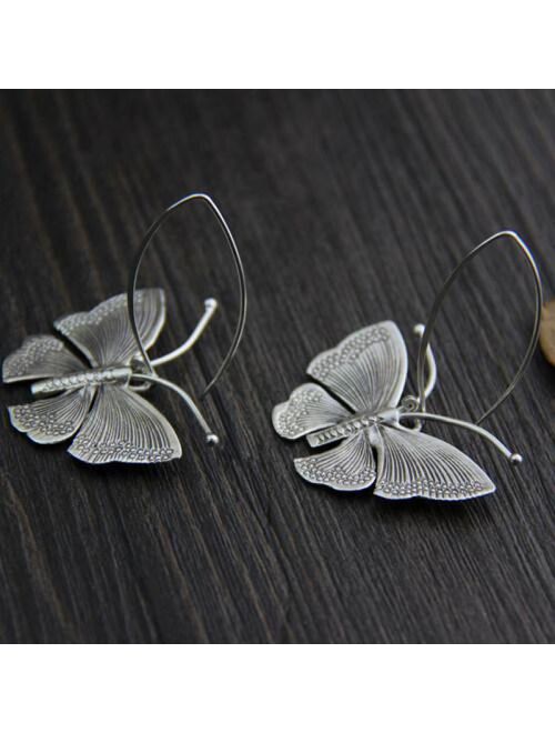 Real Pure 100% 925 Sterling Silver Exaggerated Large Butterfly Drop Earrings For Women Handmade Vintage Style