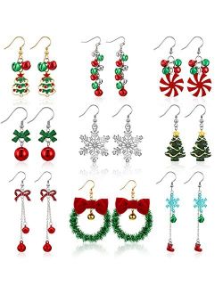 9 Pairs Christmas Earrings for Women Snowflake Bells Xmas Tree Bow Drop Dangle Earrings Holiday Earrings Set