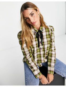 long sleeve checked embroidered button shirt in green