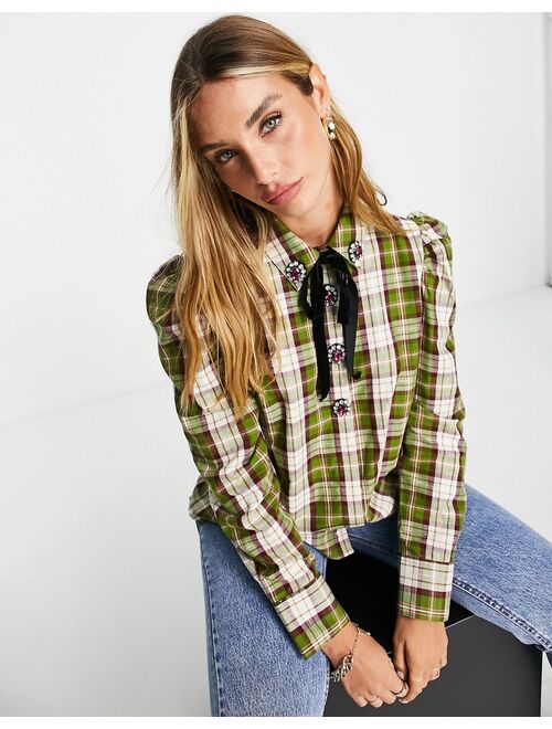 River Island long sleeve checked embroidered button shirt in green