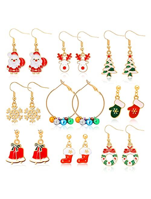9 Pairs Christmas Earrings Set for Women Girls, CORUSCATE Dangle Stud Earrings Bulk with Christmas Tree, Santa Claus, Snowflake, Candy Christmas Holiday Jewelry Set Gift
