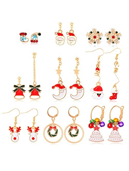 9 Pairs Christmas Earrings Set for Women Holiday Earrings, Christmas Tree, Bell, Sock, Santa Claus, Reindeer Snowflake Dangle Earrings for Girls