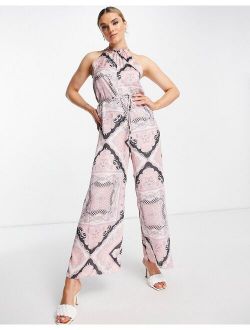 scarf print halter jumpsuit in pink
