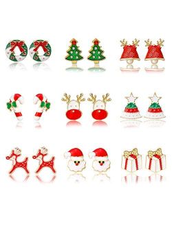 9/12 Pairs Christmas Dangle Earrings Set-Christmas Tree Star Bell Bow Ball Elk Stud Earrings for Women Girls…