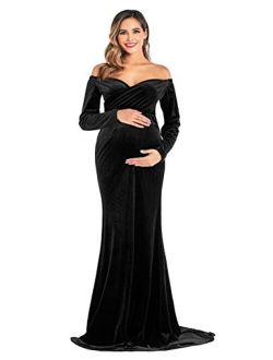 OQC Velvet Maternity Off Shoulder Long Sleeve Fitted Gown Half Circle Maxi Photography Dress for Photo Props Dress
