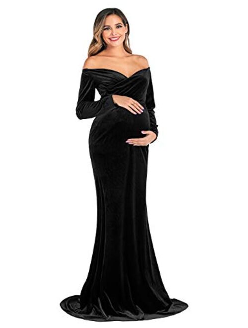 OQC Velvet Maternity Off Shoulder Long Sleeve Fitted Gown Half Circle Maxi Photography Dress for Photo Props Dress