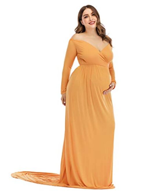 ZIUMUDY Maternity Off Shoulder Half Circle Gown Maxi Photography Dress Baby Shower Photo Props Dress