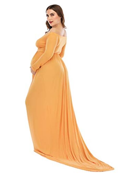 ZIUMUDY Maternity Off Shoulder Half Circle Gown Maxi Photography Dress Baby Shower Photo Props Dress