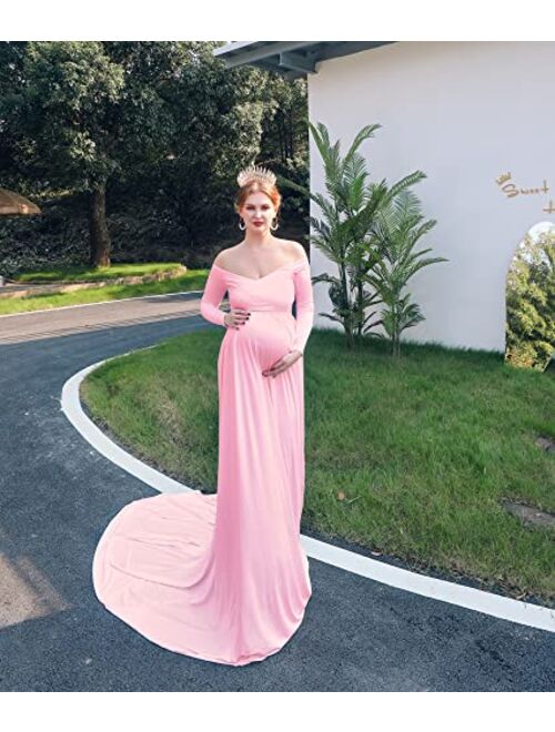 TanzenDan Maternity Off Shoulder Dress for Photoshoot Half Circle V Neck Gown for Baby Shower Pregnancy Elegant Photo Props