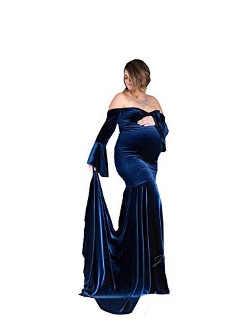 BATHGOWN Velvet Maternity Off Shoulders Half Circle Gown for Baby Shower Photo Props Dress Gown for Photoshoot