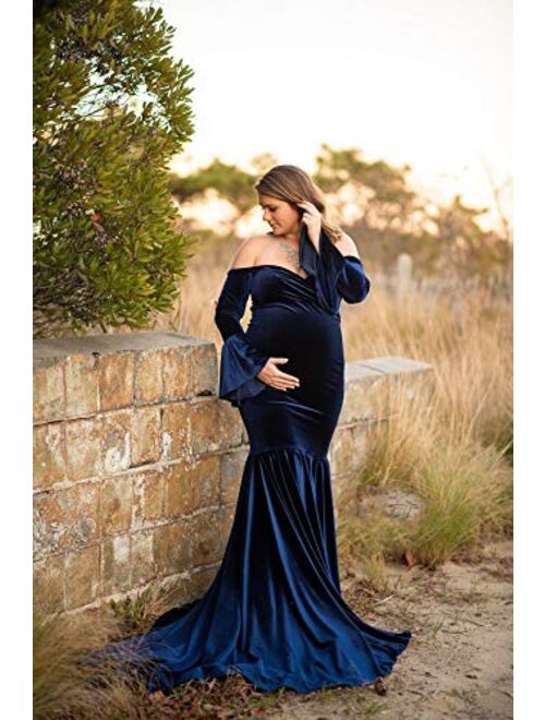 BATHGOWN Velvet Maternity Off Shoulders Half Circle Gown for Baby Shower Photo Props Dress Gown for Photoshoot