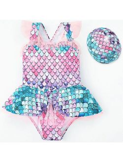 Mermaid Little Princess Swimsuit Baby Girls Swimwear One Piece Girls With Hat Children Swimwear Kids Beach Wear Bathing Suit