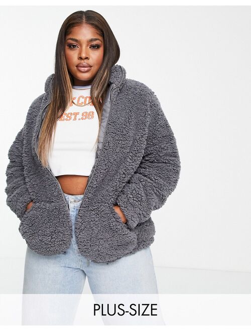 New Look Curve teddy borg funnel neck jacket in gray