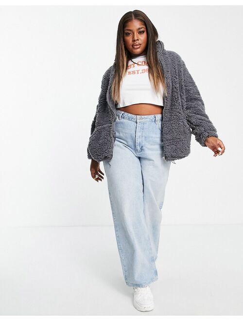 New Look Curve teddy borg funnel neck jacket in gray