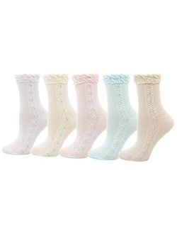 Lovful Womens Ruffle Trim Elastic Casual Socks, Cute Cotton Crew Frilly Socks, Thin Soft Dress Socks 5 Pairs, Multicolored