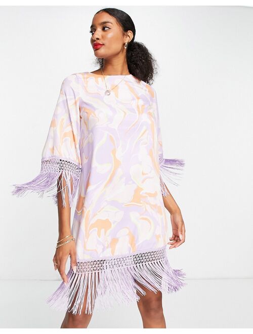River Island printed shift dress with fringing in pink