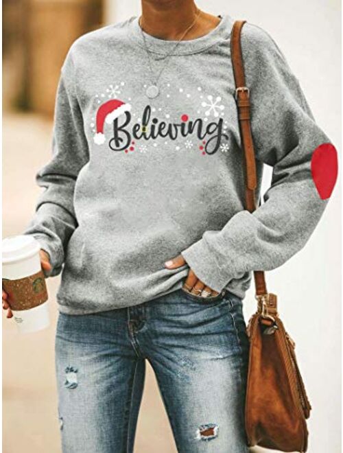 Christmas Believing Sweatshirt Women Santa Hat Pullover Funny Graphic Shirt Holiday Tops