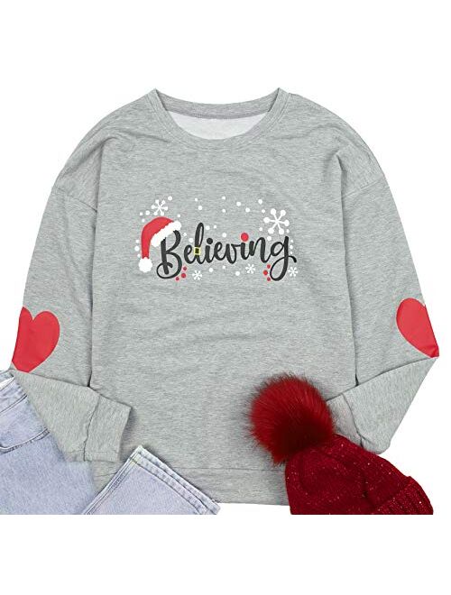 Christmas Believing Sweatshirt Women Santa Hat Pullover Funny Graphic Shirt Holiday Tops