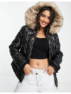 belted patent quilted padded jacket with faux fur hood in black