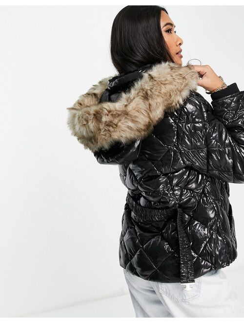River Island belted patent quilted padded jacket with faux fur hood in black