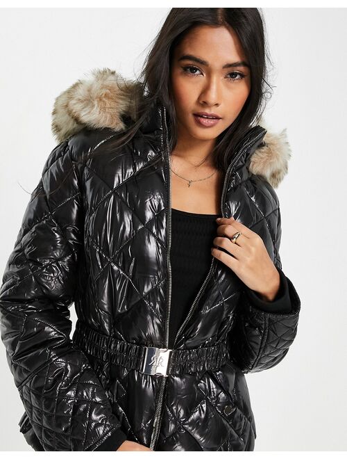 River Island belted patent quilted padded jacket with faux fur hood in black