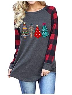 Women Merry Christmas Sweatshirt Long Sleeve Plaid Leopard Xmas Tree Graphic Tees Baseball Tops Blouse