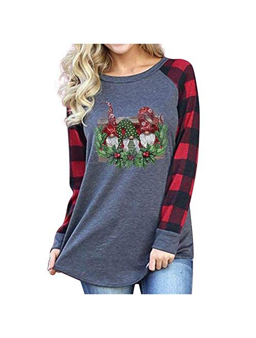 Cmofter Christmas Women's T-Shirt Tops Fashion O-Neck Long Plaid Sleeve Scandinavian Christmas Gnome Print Casual Blouse Tops