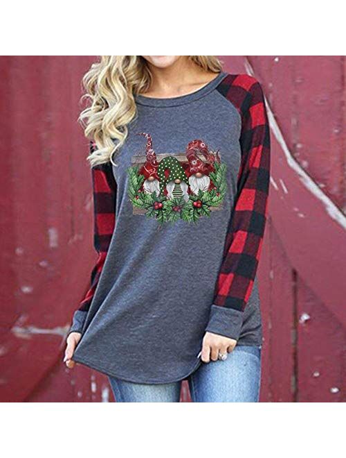 Cmofter Christmas Women's T-Shirt Tops Fashion O-Neck Long Plaid Sleeve Scandinavian Christmas Gnome Print Casual Blouse Tops