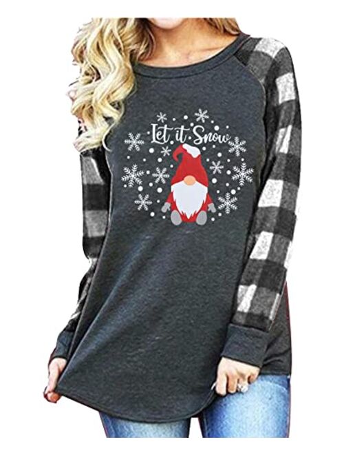 MYHALF Christmas Gnomes Shirts Women Let It Snow T-Shirt Xmas Plaid Splicing Tshirt Holiday Long Sleeve Tee Tops
