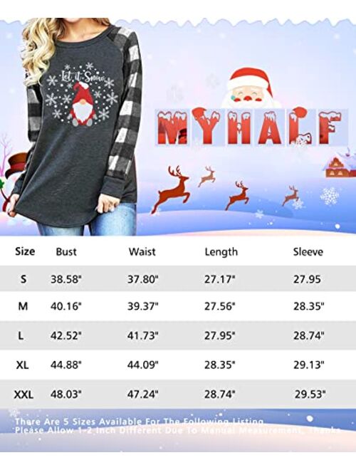 MYHALF Christmas Gnomes Shirts Women Let It Snow T-Shirt Xmas Plaid Splicing Tshirt Holiday Long Sleeve Tee Tops