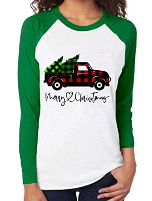 Merry Christmas Shirt Women Christmas Long Sleeve Raglan Shirt Christmas Plaid Truck Tree Graphic Shirt