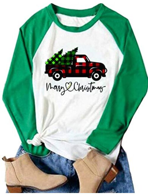 Merry Christmas Shirt Women Christmas Long Sleeve Raglan Shirt Christmas Plaid Truck Tree Graphic Shirt