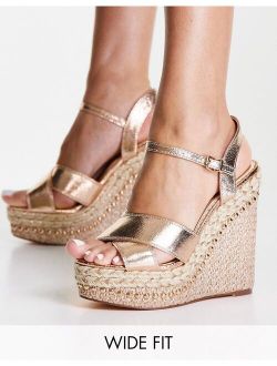 Wide Fit metallic heeled espadrille wedge in rose gold