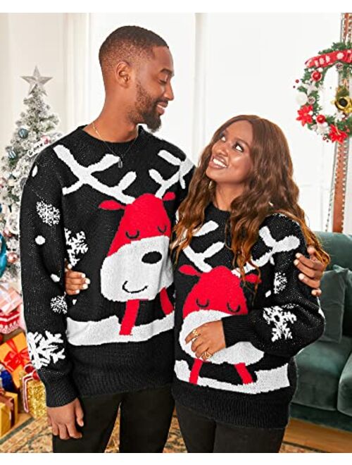 Women Men Ugly Couple Matching Christmas Chunky Sweaters Soft, Christmas Reindeer Funny Ugly Tops Shirt Bright Color Contast