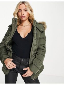 padded coat with faux fur trim in khaki