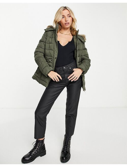 New Look padded coat with faux fur trim in khaki