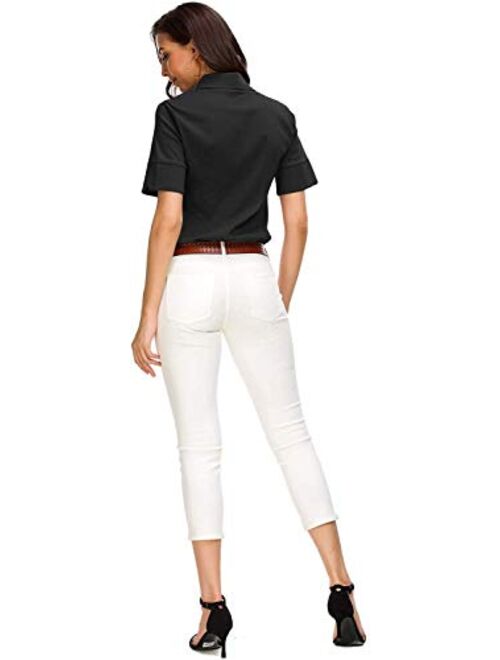 Atnlewhi Womens Basic Button Down Shirts Cotton Simple Short Sleeve Stretch Formal Casual Blouse