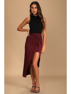 Put a Spin On It Burgundy Twist-Front High-Low Midi Skirt