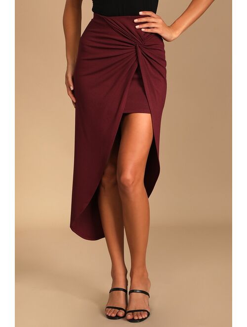 Lulus Put a Spin On It Burgundy Twist-Front High-Low Midi Skirt