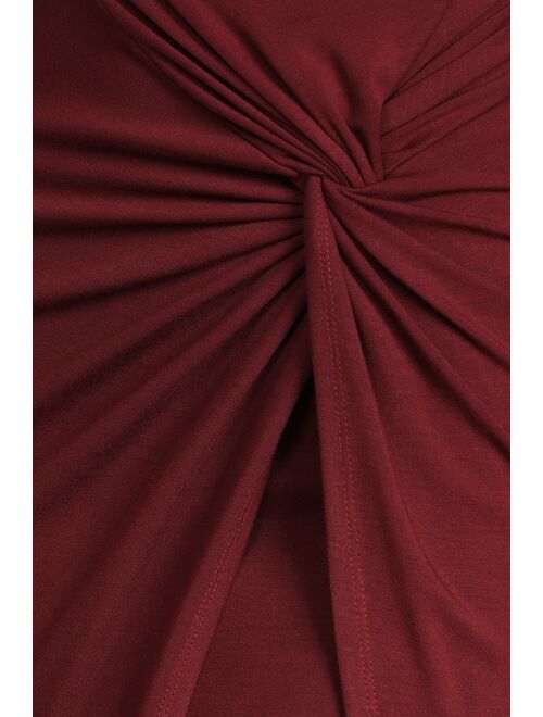 Lulus Put a Spin On It Burgundy Twist-Front High-Low Midi Skirt