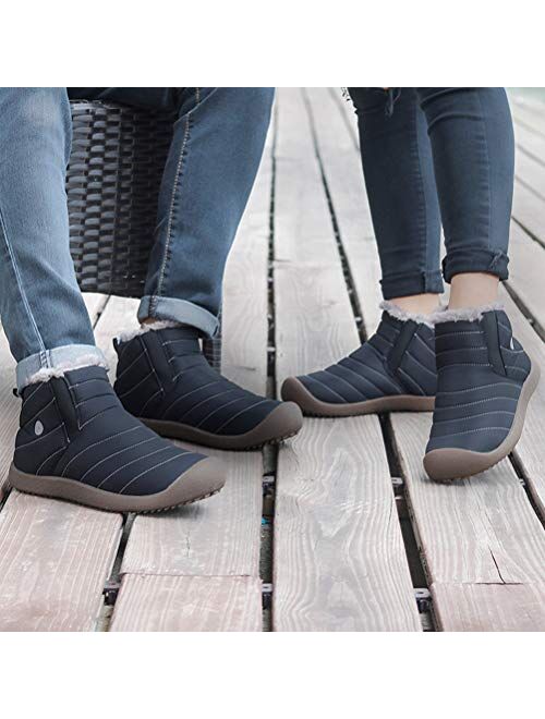 DADAWEN Men Women Slip On Waterproof Outdoor Anti-Slip Fur Lined Ankle Snow Boots