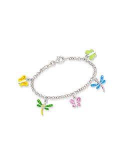 Child's Enamel Butterfly and Dragonfly Charm Bracelet in Sterling Silver. 6 inches