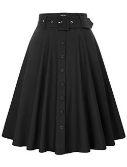 Women's Stretch High Waist A-Line Flared Midi Skirts with Pockets & Belts