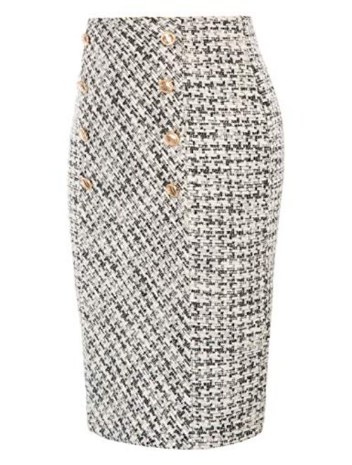 Belle Poque Women's Tweed Skirt Stretchy Business Pencil Skirt Double Breasted