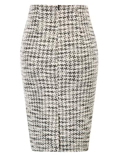 Belle Poque Women's Tweed Skirt Stretchy Business Pencil Skirt Double Breasted