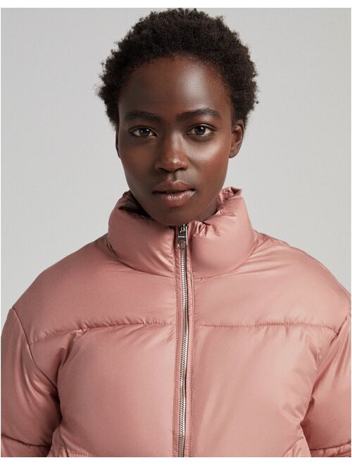 Bershka nylon cropped puffer jacket in pink