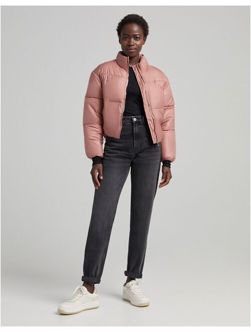 Bershka nylon cropped puffer jacket in pink